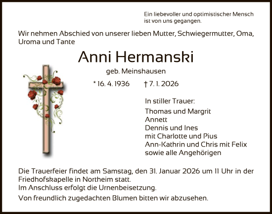 Traueranzeige von Anni Hermanski von HNA