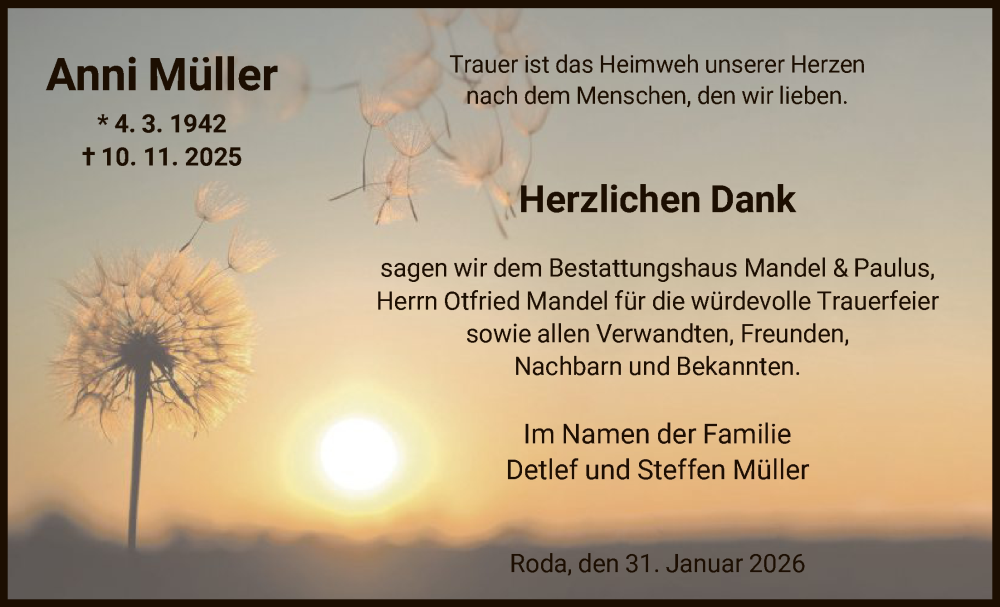  Traueranzeige für Anni Müller vom 31.01.2026 aus HNA