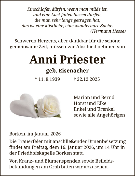 Traueranzeige von Anni Priester von HNA