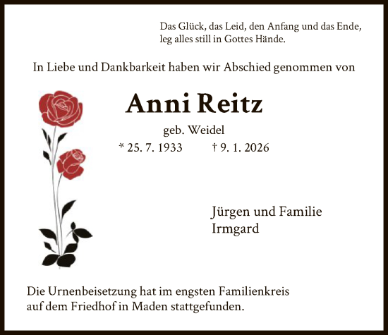 Traueranzeige von Anni Reitz von HNA