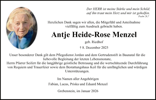 Traueranzeige von Antje Heide-Rose Menzel von HNA
