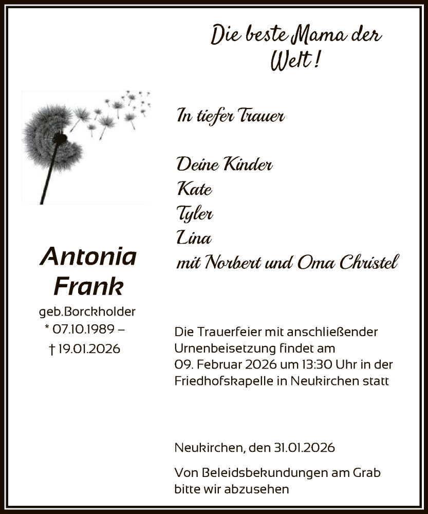  Traueranzeige für Antonia Frank vom 31.01.2026 aus HNA