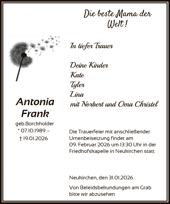 Traueranzeige von Antonia Frank von HNA