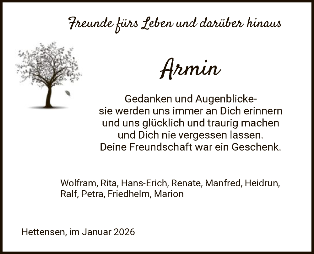  Traueranzeige für Armin  vom 17.01.2026 aus HNA