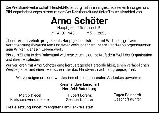 Traueranzeige von Arno Schöter von HZHNA