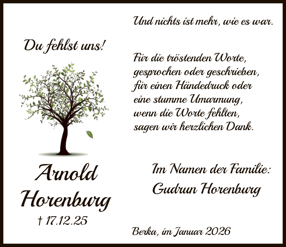  Traueranzeige für Arnold Horenburg vom 10.01.2026 aus HNA