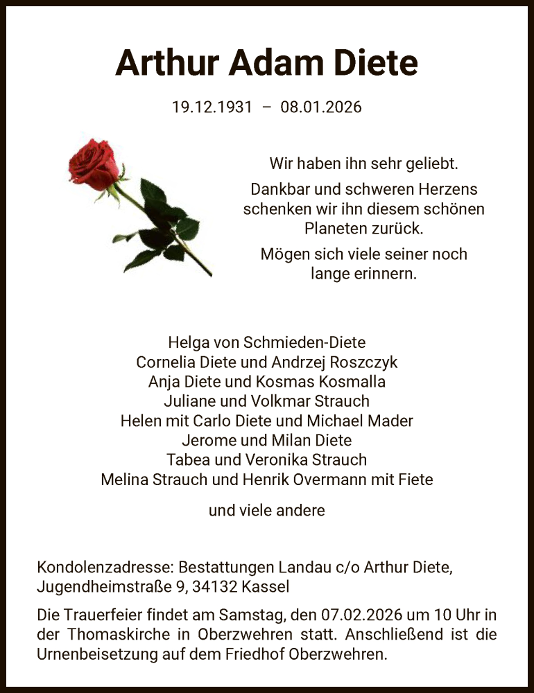  Traueranzeige für Arthur Adam Diete vom 24.01.2026 aus HNAWRS
