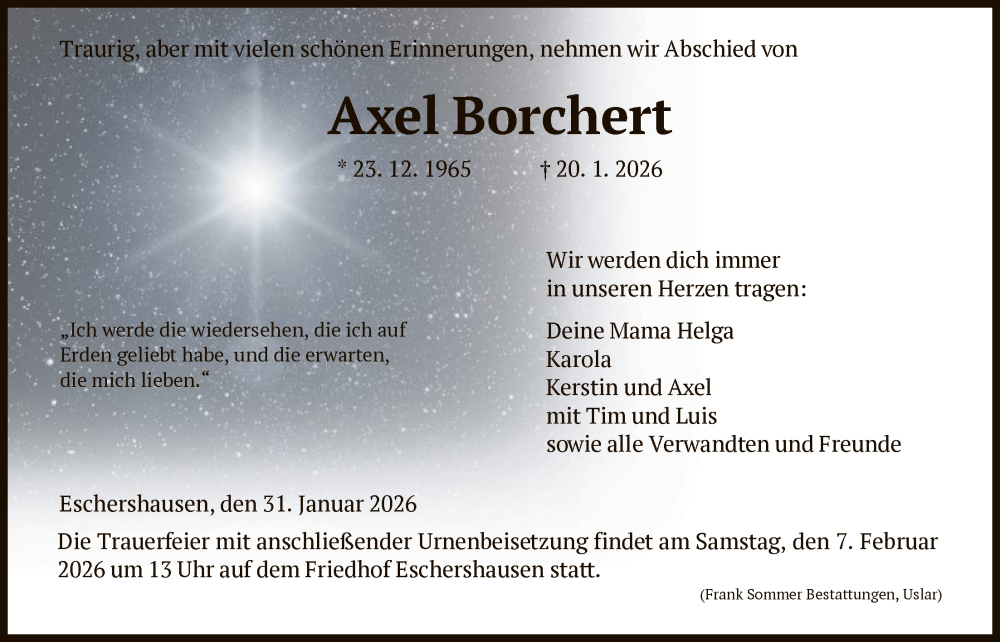 Traueranzeige für Axel Borchert vom 31.01.2026 aus HNA