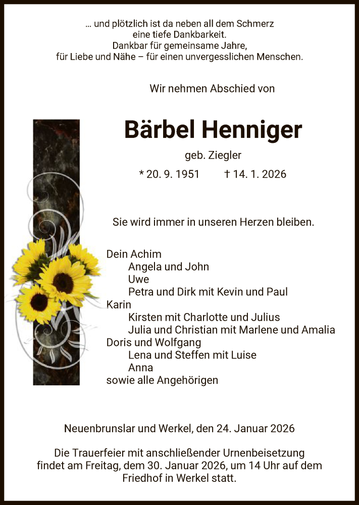  Traueranzeige für Bärbel Henniger vom 24.01.2026 aus HNA