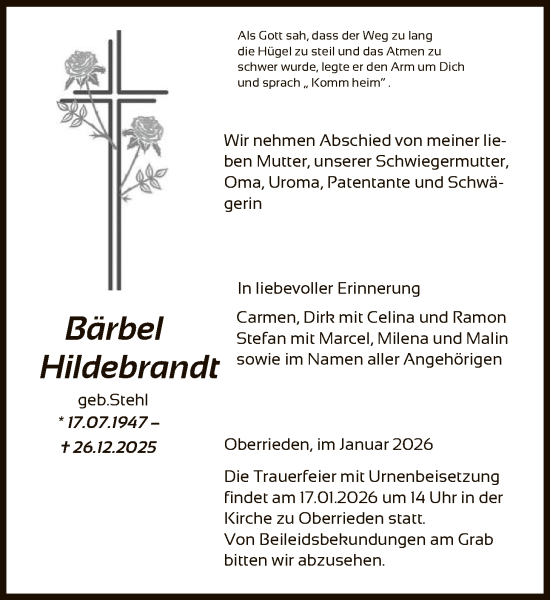 Traueranzeige von Bärbel Hildebrandt von HNA