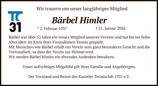 Traueranzeige von Bärbel Himler von HNA