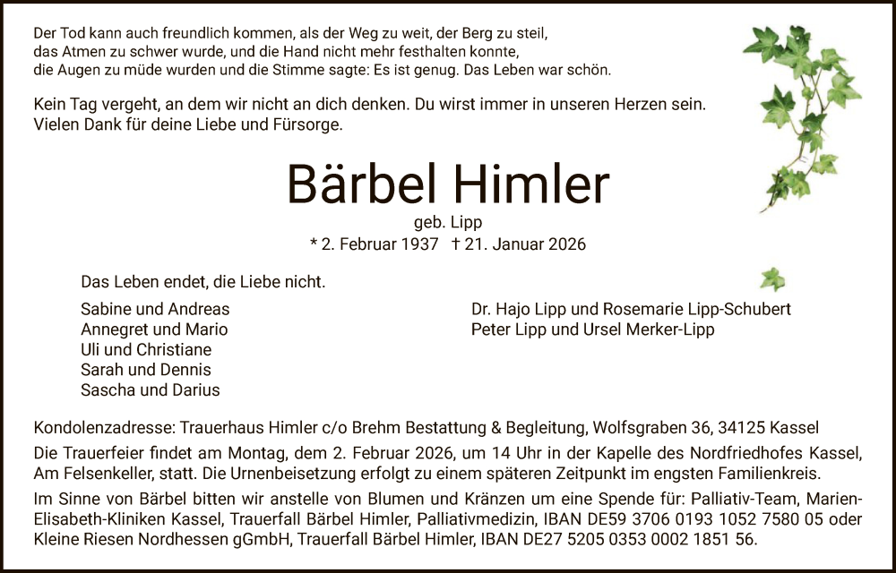  Traueranzeige für Bärbel Himler vom 24.01.2026 aus HNA