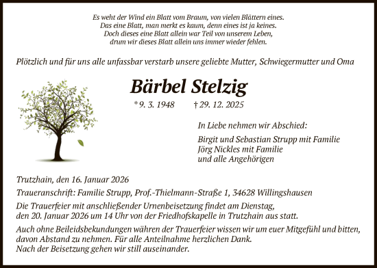 Traueranzeige von Bärbel Stelzig von HNA