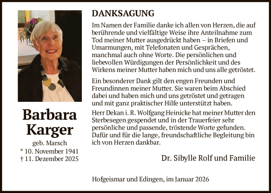 Traueranzeige von Barbara Karger von HNA