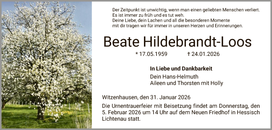 Traueranzeige von Beate Hildebrandt-Loos von HNA