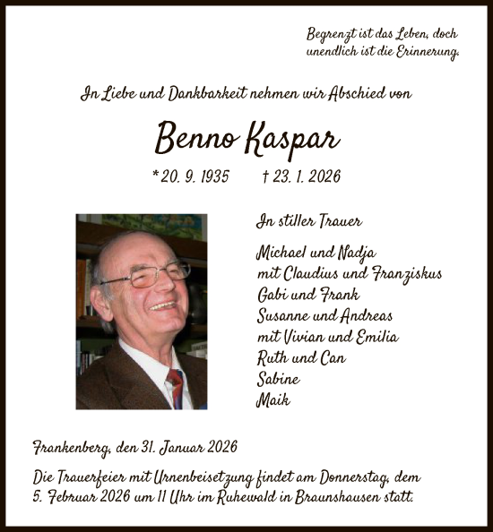 Traueranzeige von Benno Kaspar von HNA