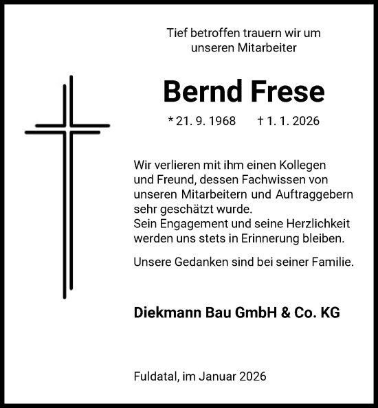 Traueranzeige von Bernd Frese von HNAHNA