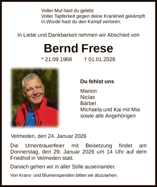 Traueranzeige von Bernd Frese von HNAHNA