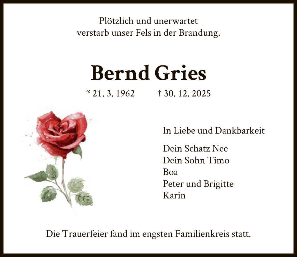  Traueranzeige für Bernd Gries vom 17.01.2026 aus HNA