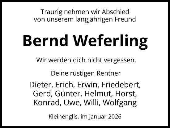 Traueranzeige von Bernd Weferling von HNA