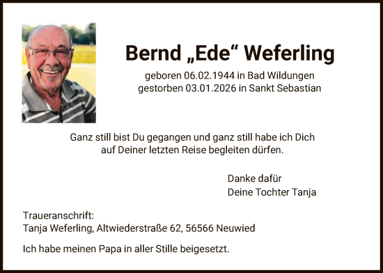 Traueranzeige von Bernd Weferling von HNA