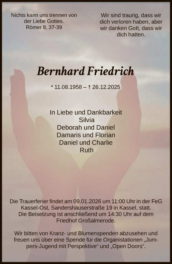 Traueranzeige von Bernhard Friedrich von HNAHNA