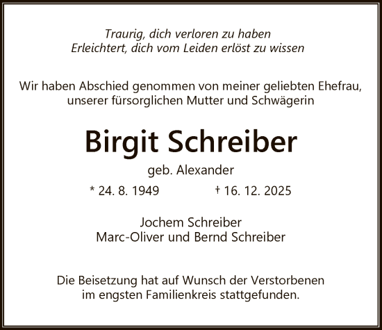 Traueranzeige von Birgit Schreiber von HNA
