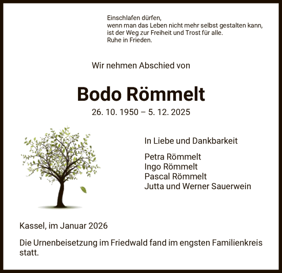 Traueranzeige von Bodo Römmelt von HNA