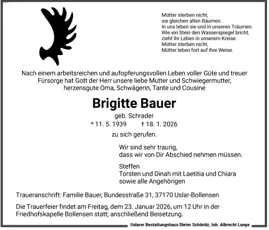 Traueranzeige von Brigitte Bauer von HNA