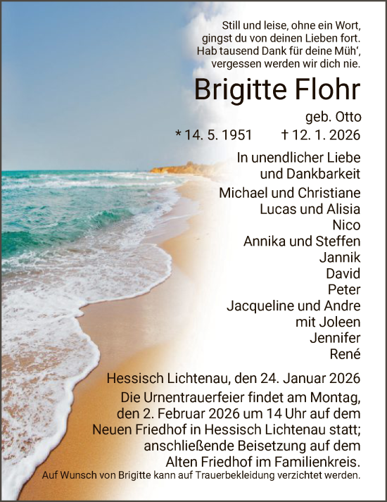 Traueranzeige von Brigitte Flohr von HNA