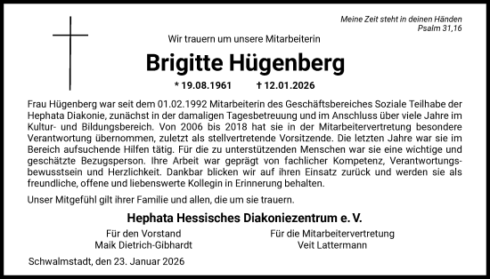 Traueranzeige von Brigitte Hügenberg von HNA