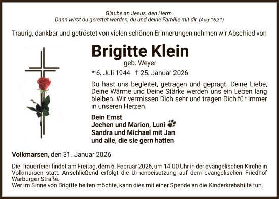 Traueranzeige von Brigitte Klein von WLZHNA