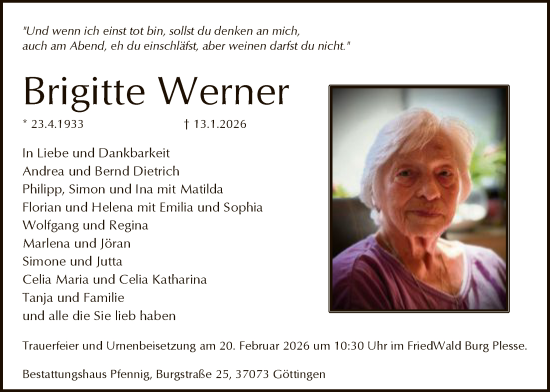 Traueranzeige von Brigitte Werner von HNA