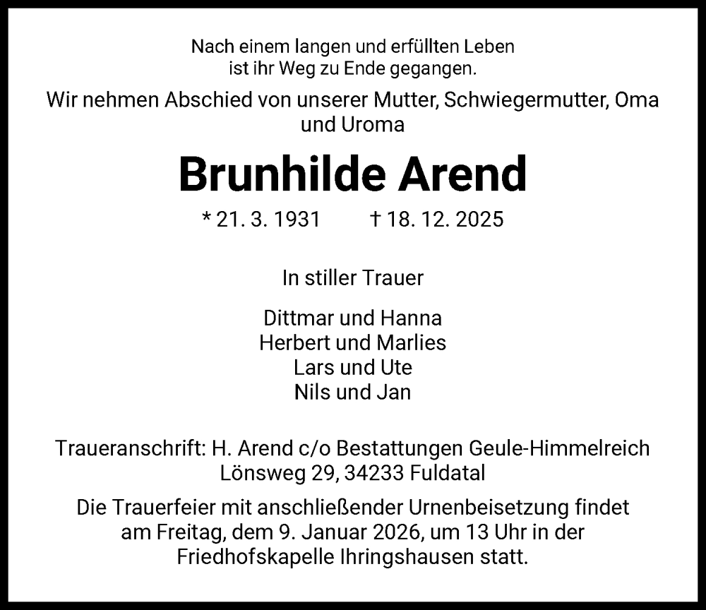  Traueranzeige für Brunhilde Arend vom 03.01.2026 aus HNA