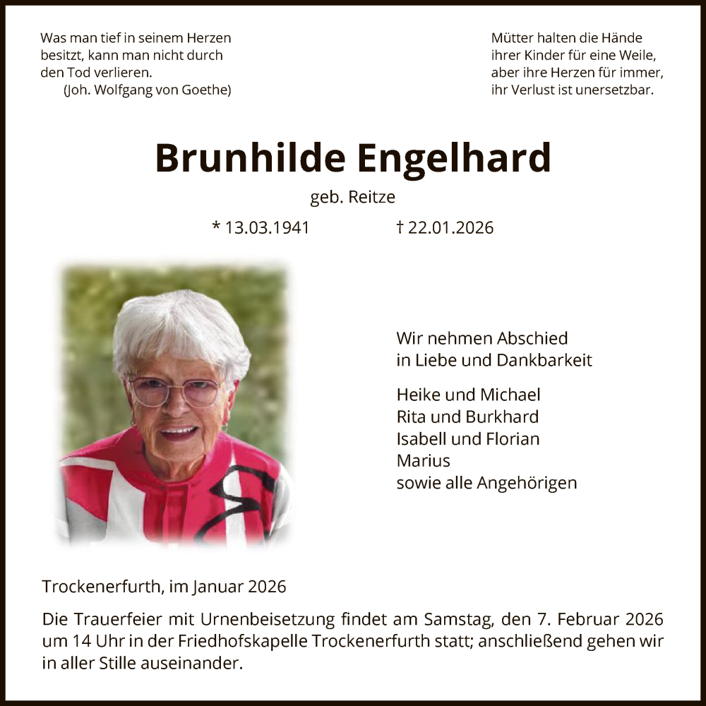  Traueranzeige für Brunhilde Engelhard vom 31.01.2026 aus HNA