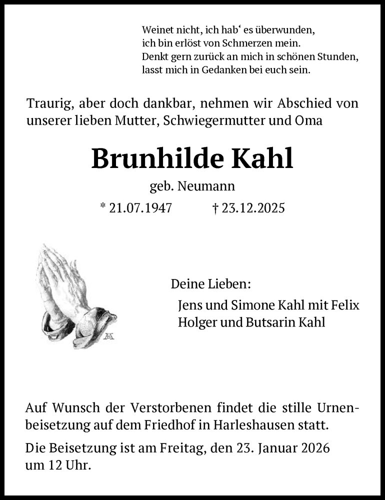  Traueranzeige für Brunhilde Kahl vom 17.01.2026 aus HNA