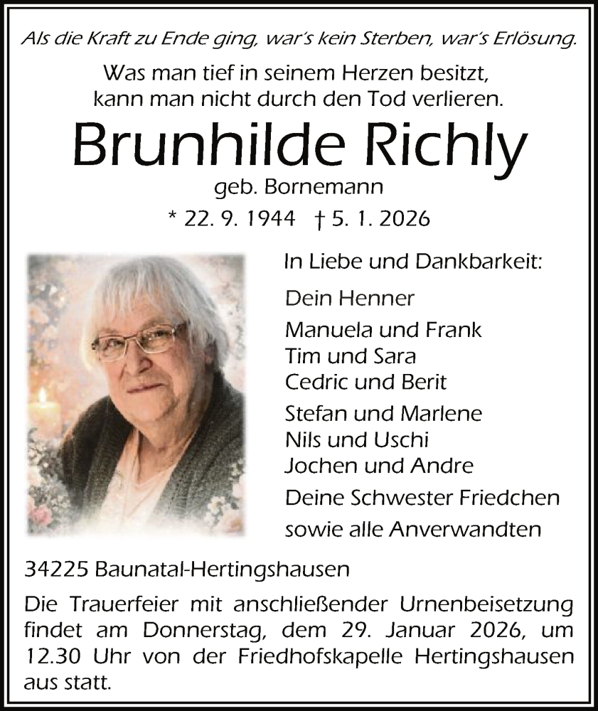  Traueranzeige für Brunhilde Richly vom 24.01.2026 aus HNA