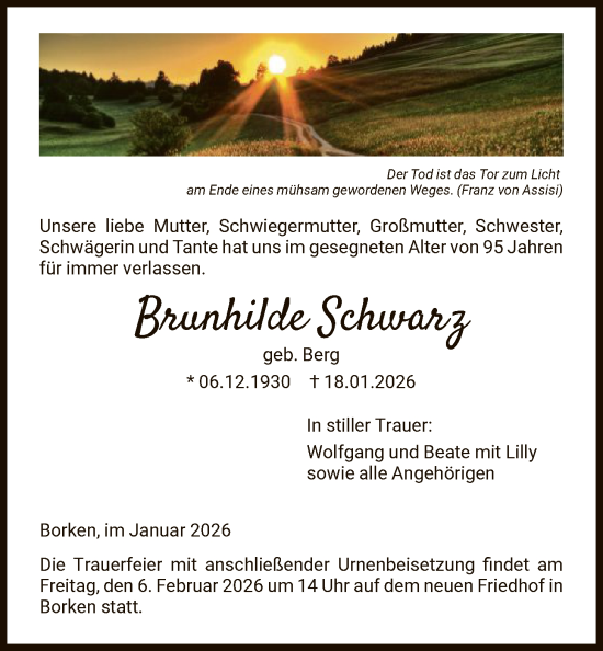 Traueranzeige von Brunhilde Schwarz von HNA