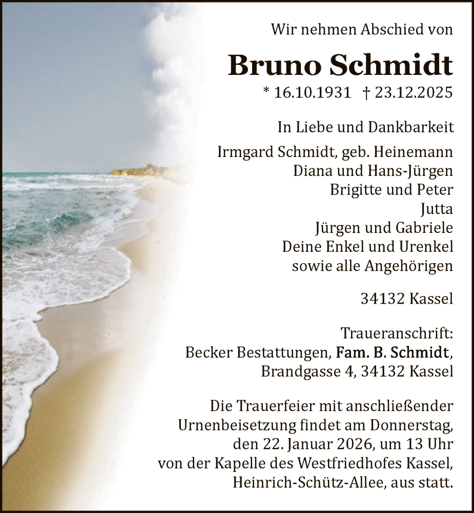  Traueranzeige für Bruno Schmidt vom 17.01.2026 aus HNA
