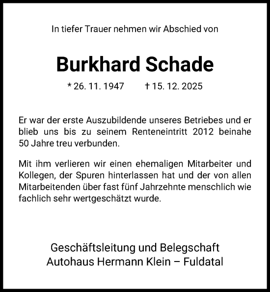 Traueranzeige von Burkhard Schade von HNA