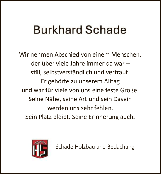Traueranzeige von Burkhard Schade von HNA