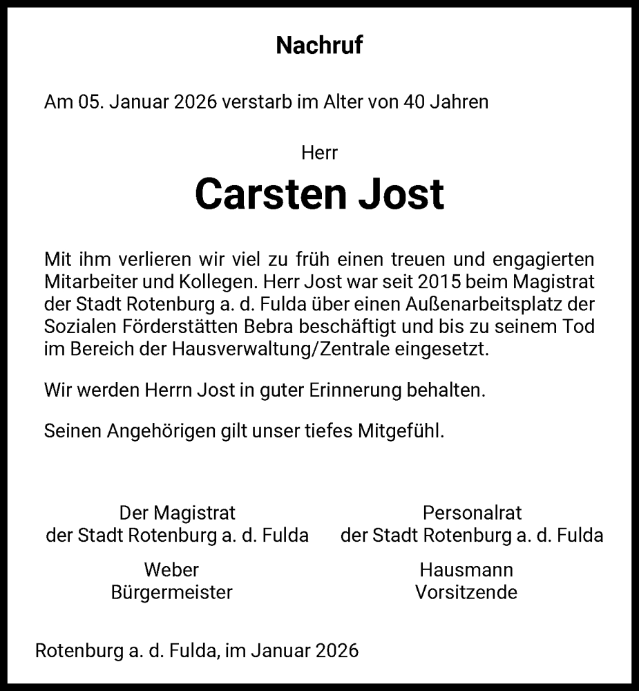  Traueranzeige für Carsten Jost vom 24.01.2026 aus HNA