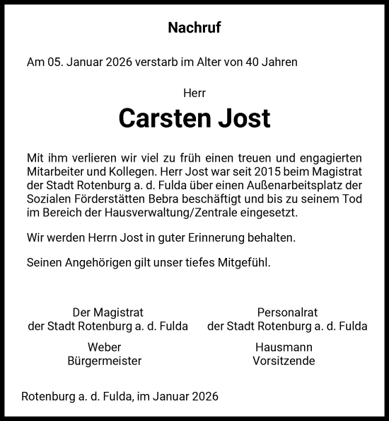 Traueranzeige von Carsten Jost von HNA