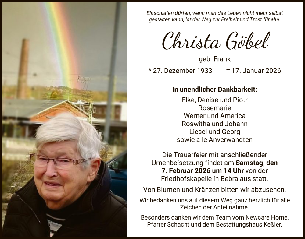  Traueranzeige für Christa Göbel vom 31.01.2026 aus HNA