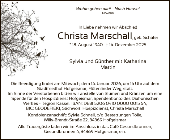 Traueranzeige von Christa Marschall von HNAHN