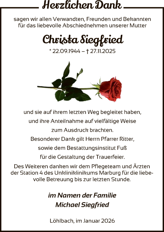 Traueranzeige von Christa Siegfried von HNA