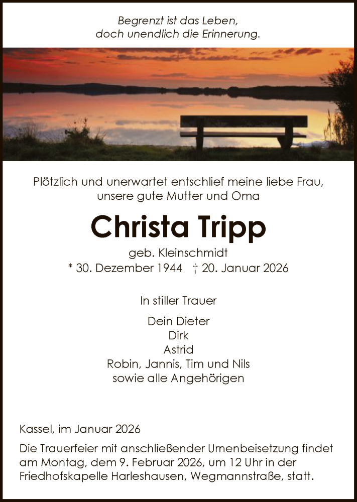  Traueranzeige für Christa Tripp vom 31.01.2026 aus HNA