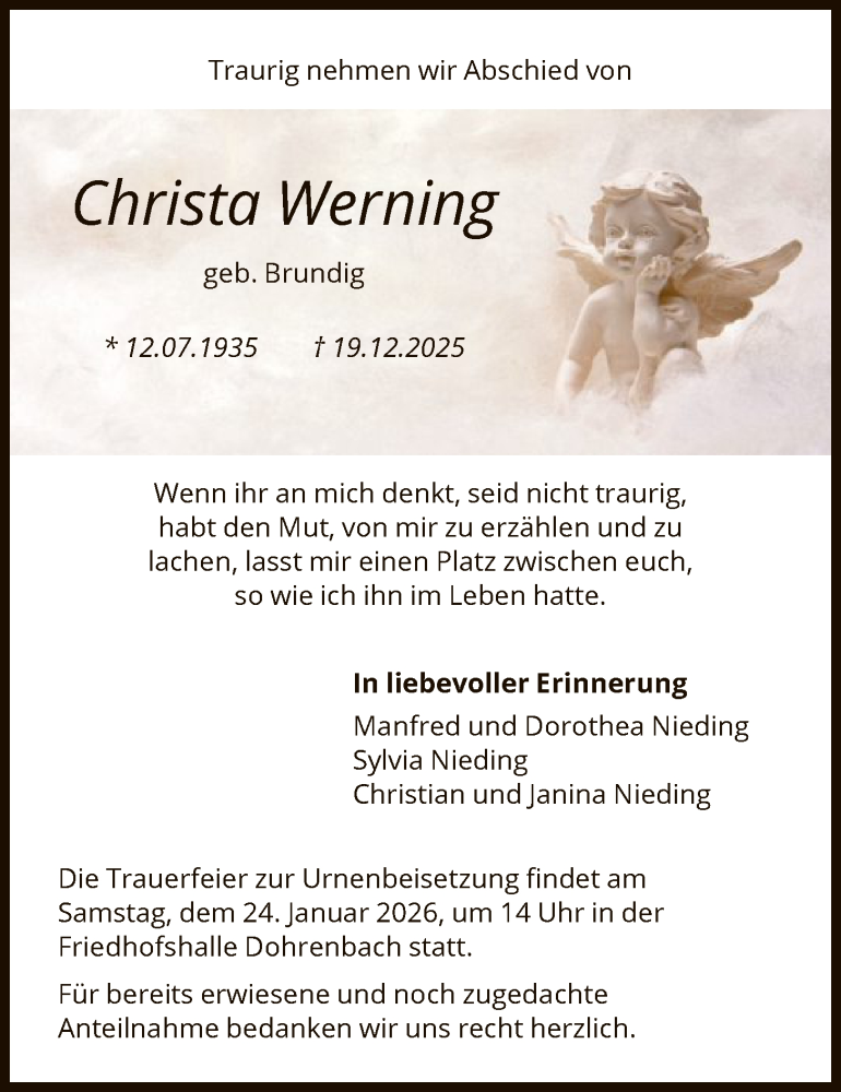  Traueranzeige für Christa Werning vom 17.01.2026 aus HNA