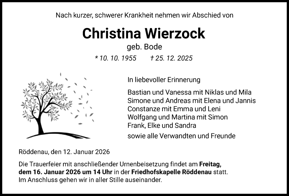  Traueranzeige für Christina Wierzock vom 12.01.2026 aus HNA