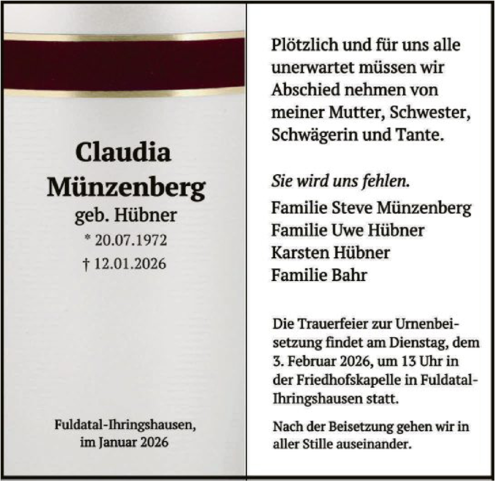  Traueranzeige für Claudia Münzenberg vom 30.01.2026 aus HNA